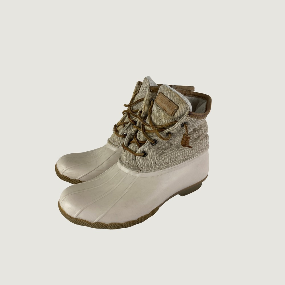 Sperry Saltwater Duck Boots Women 8 Ivory Tan Quilted Waterproof Fall Winter
